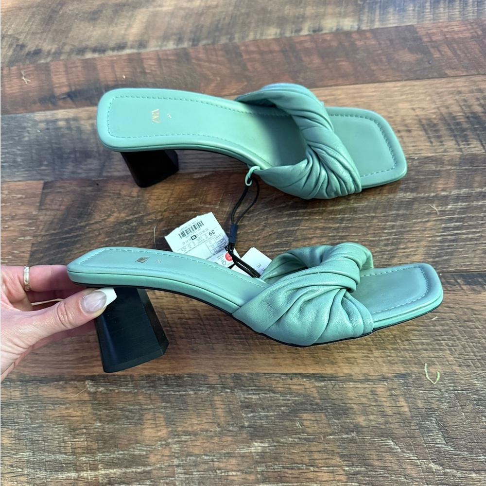 Zara Green Heeled Sandals with Ruched Straps